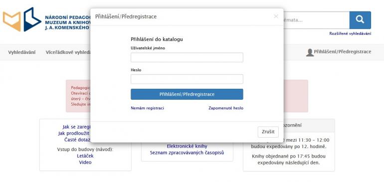 Na webové stránce katalogu Pedagogické knihovny: http://katalog.npmk.cz klikněte na odkaz Přihlášení/Předregistrace. Ve vyskakovacím okně zvolte odkaz Nemám registraci.