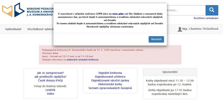 Předtím než začnete poprvé používat své konto a objednávat knihy je třeba nastavit pravidla pro uchovávání historie vašich výpůjček.