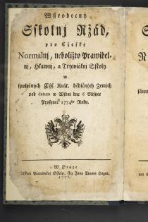 Titulní list českého překladu Všeobecného školního řádu z roku 1776.